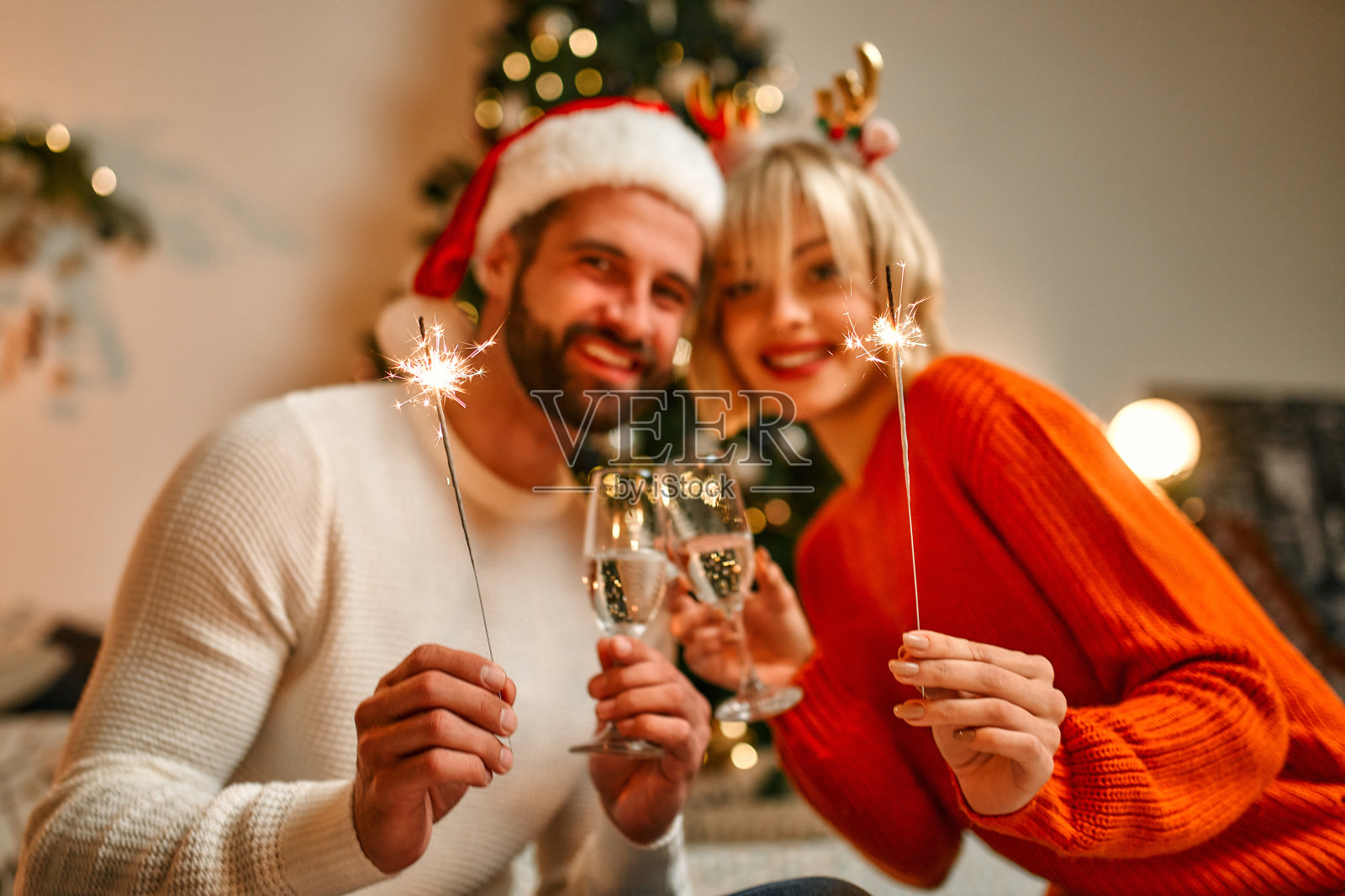 新年夫妇和狗照片摄影图片
