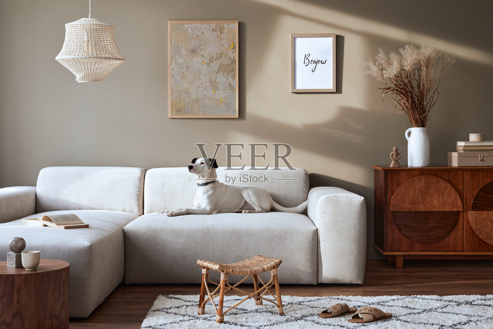 时尚的客厅室内设计中性的模块化沙发，模拟海报框架，家具和优雅的个人配件在现代家居装饰。模板。照片摄影图片