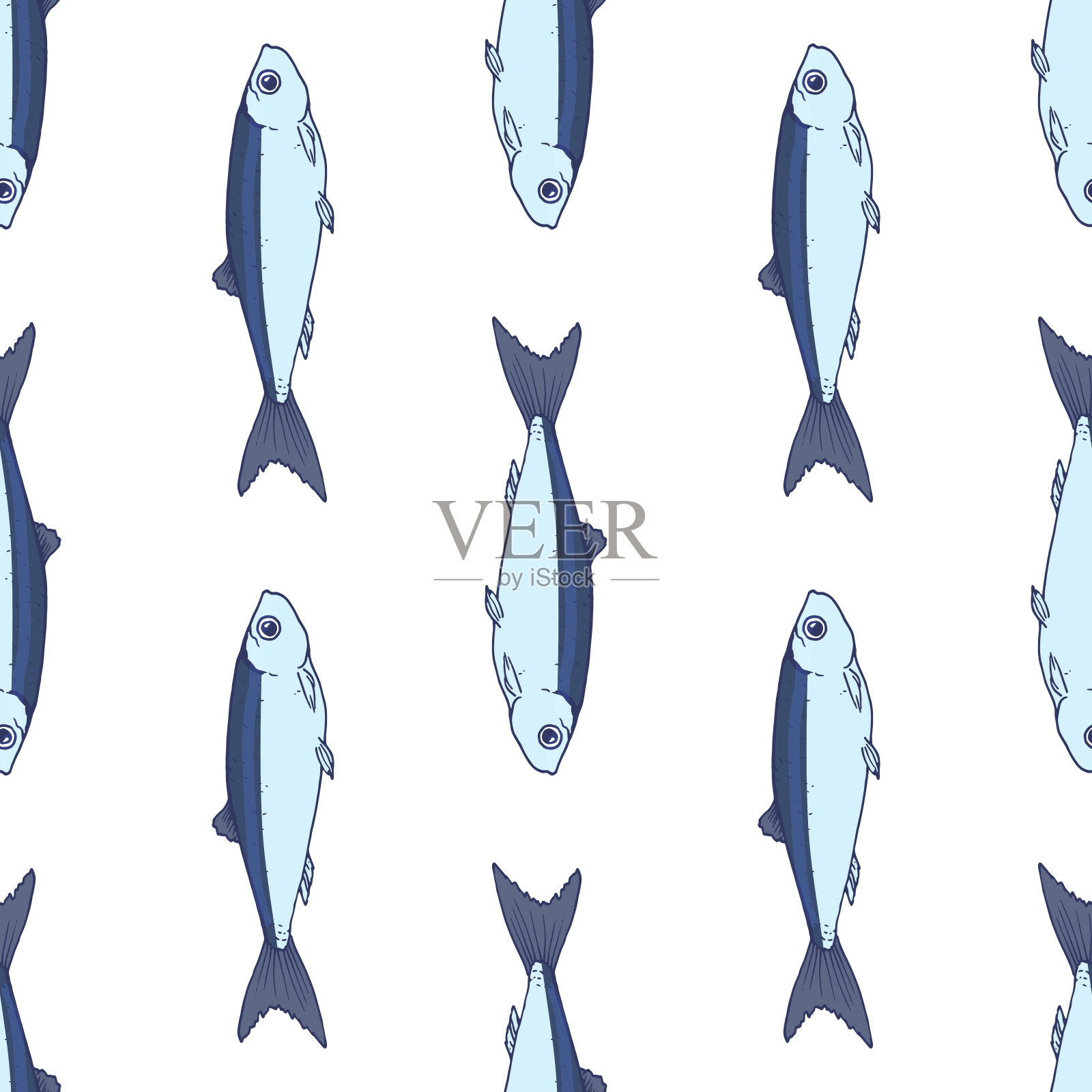 蓝色沙丁鱼的图案。无缝绘制的手绘草图的小沙丁鱼，蓝灰色与蓝色的轮廓，侧视图，垂直海产品上的白色为设计模板插画图片素材