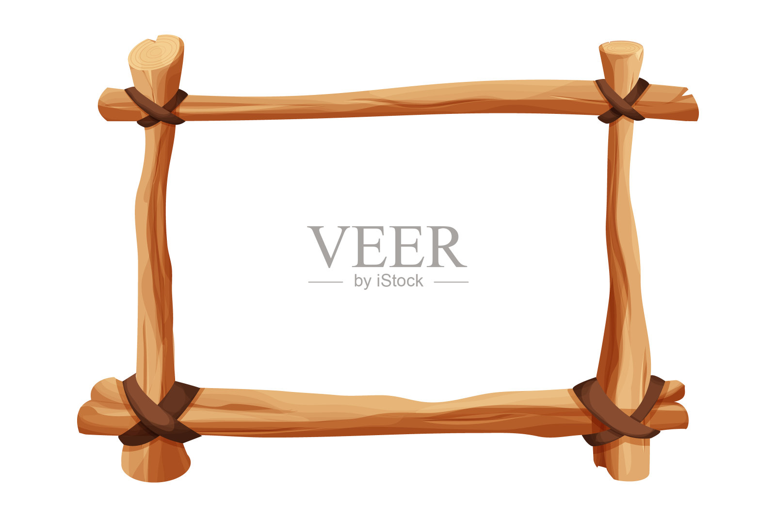 框架，边界从木枝，棍子和皮革绳索漫画风格孤立在白色背景。部落、乡村的剪贴画。Ui游戏资产。矢量图插画图片素材