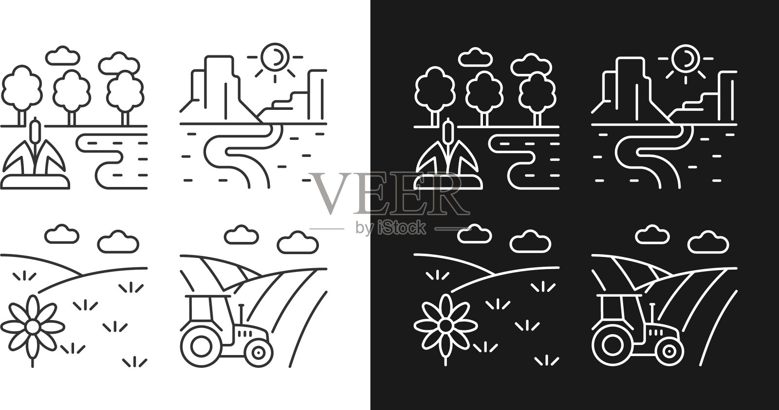 不同的土地类型线性图标设置为黑暗和图标素材