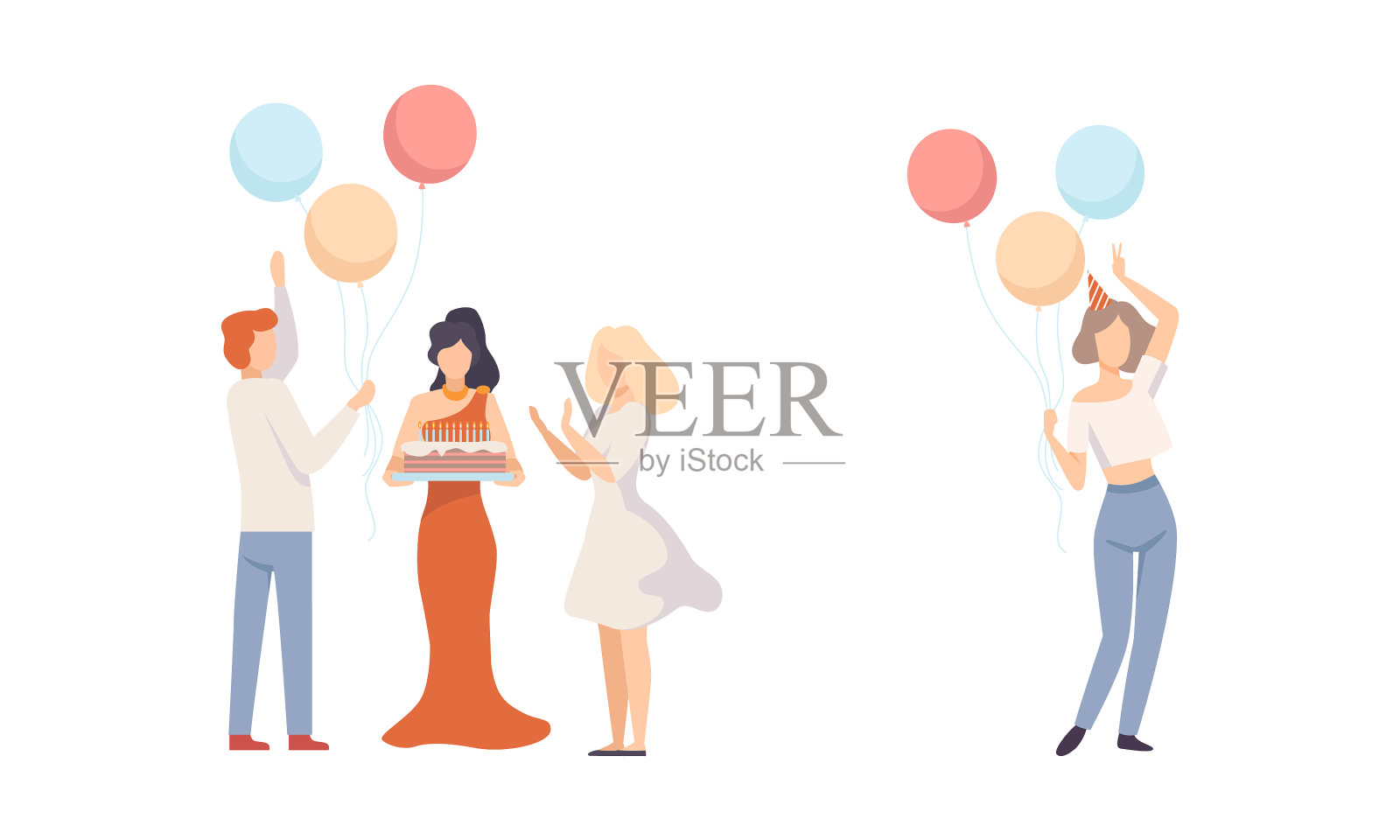 快乐的人们在锥形帽子和蛋糕和设计元素图片