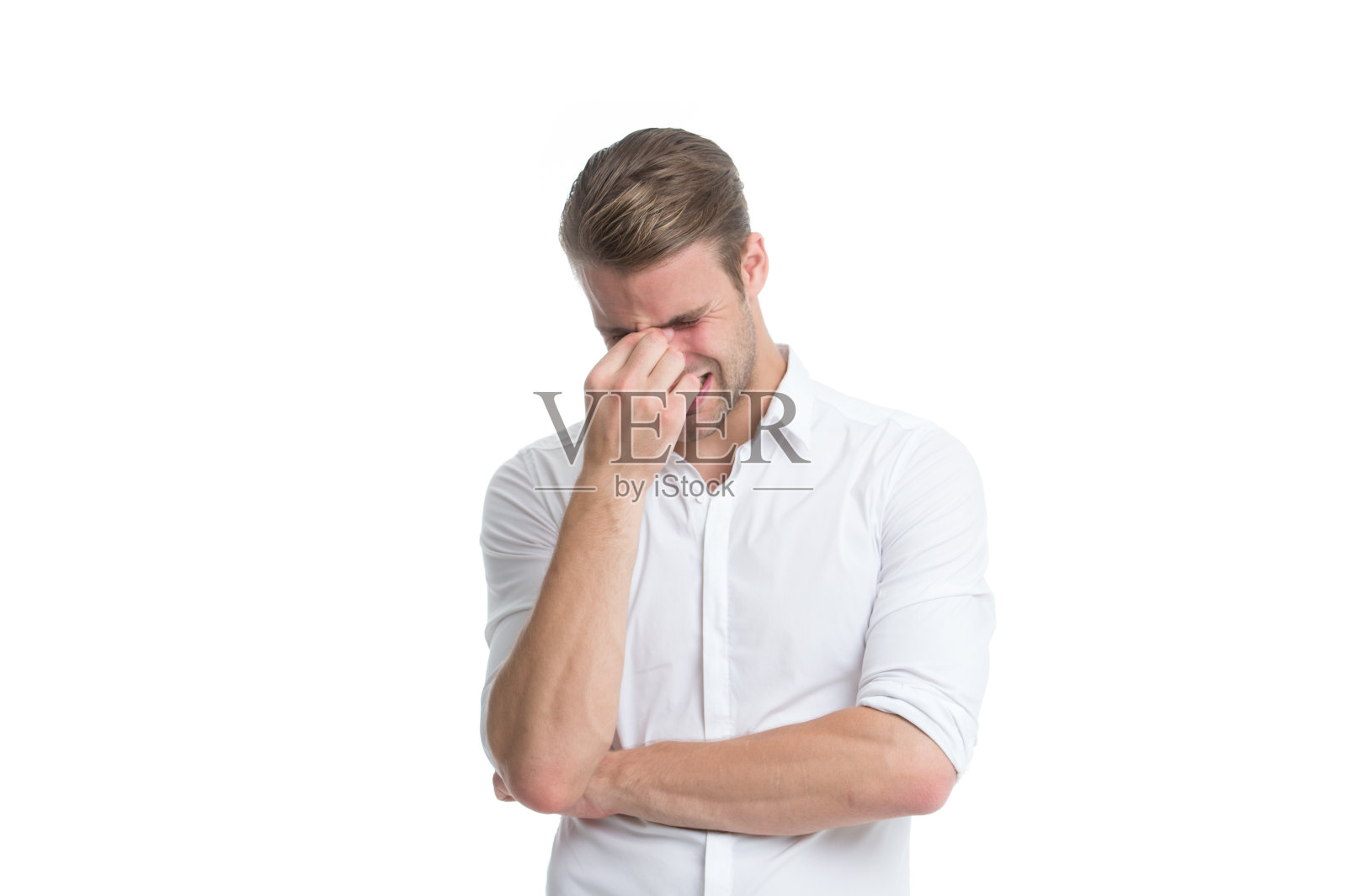 时尚的男人肖像。疲倦的人孤立在白色。业务。面部护理。男性时尚。商人。美髯公。辛苦工作一周后。伟大的决策。很难做出选择照片摄影图片