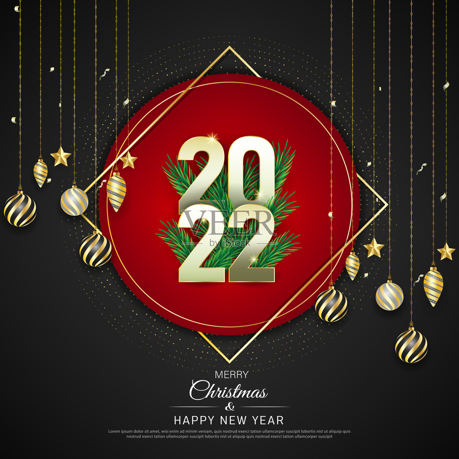 圣诞快乐和新年快乐海报模板设计与装饰圣诞灯。插画图片素材