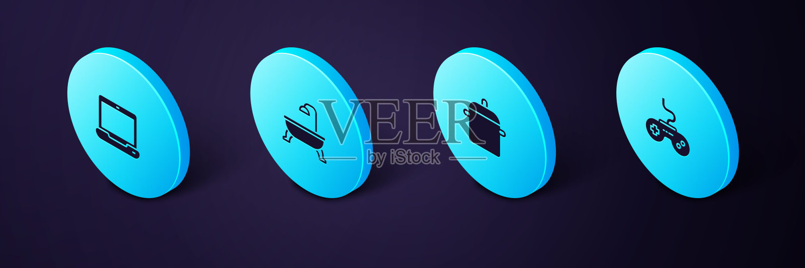 设置等距手柄，烹饪锅，浴缸和笔记本电脑图标。向量图标素材