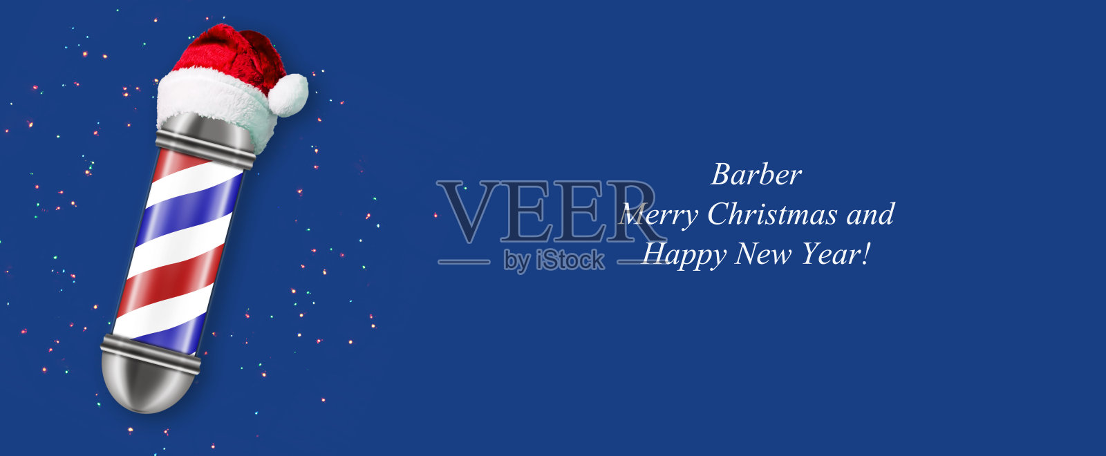 在紫色背景上戴着圣诞老人帽子的理发杆。3 d演示。副本的空间。新年旗帜。恭喜理发师。照片摄影图片