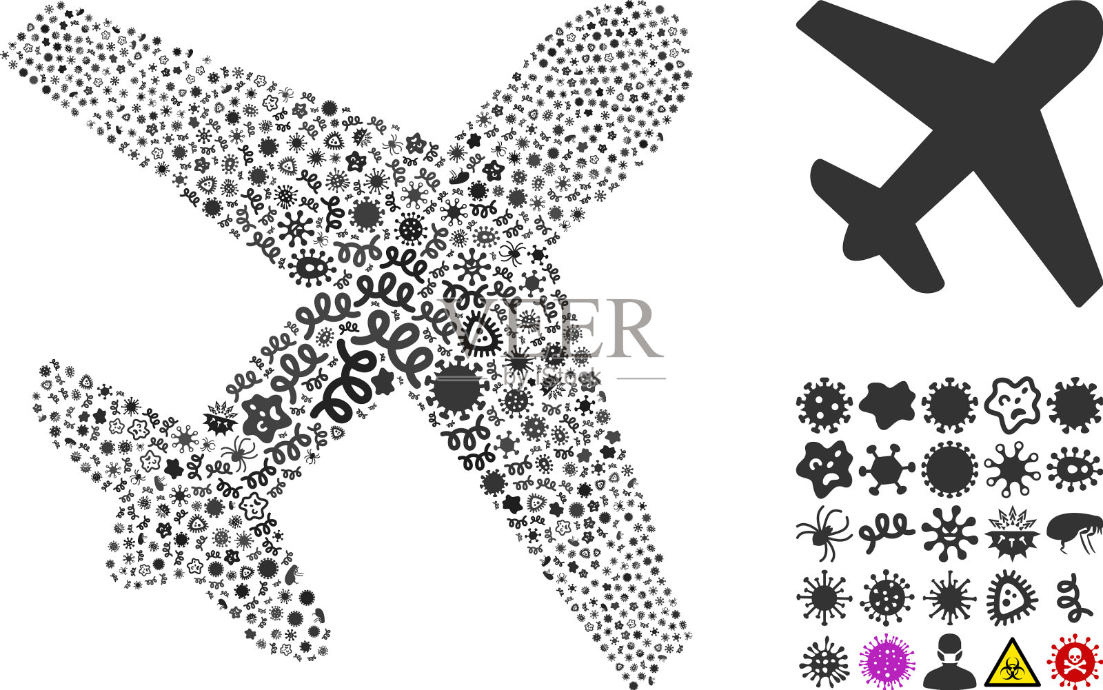 拼贴飞机图标的传染性病毒插画图片素材