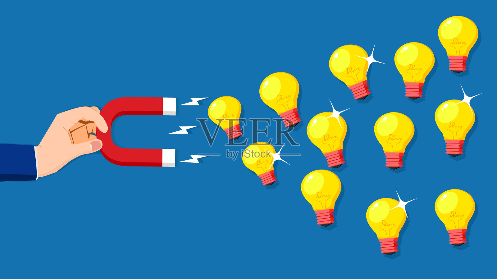 一只人类的手用磁铁吸引着一个思想灯泡。吸引创造力的想法插画图片素材