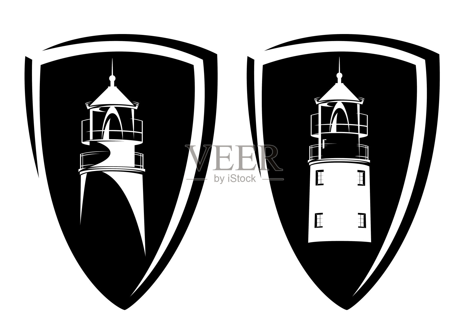 简单的纹章盾牌与灯塔塔黑色矢量剪影设计集设计元素图片