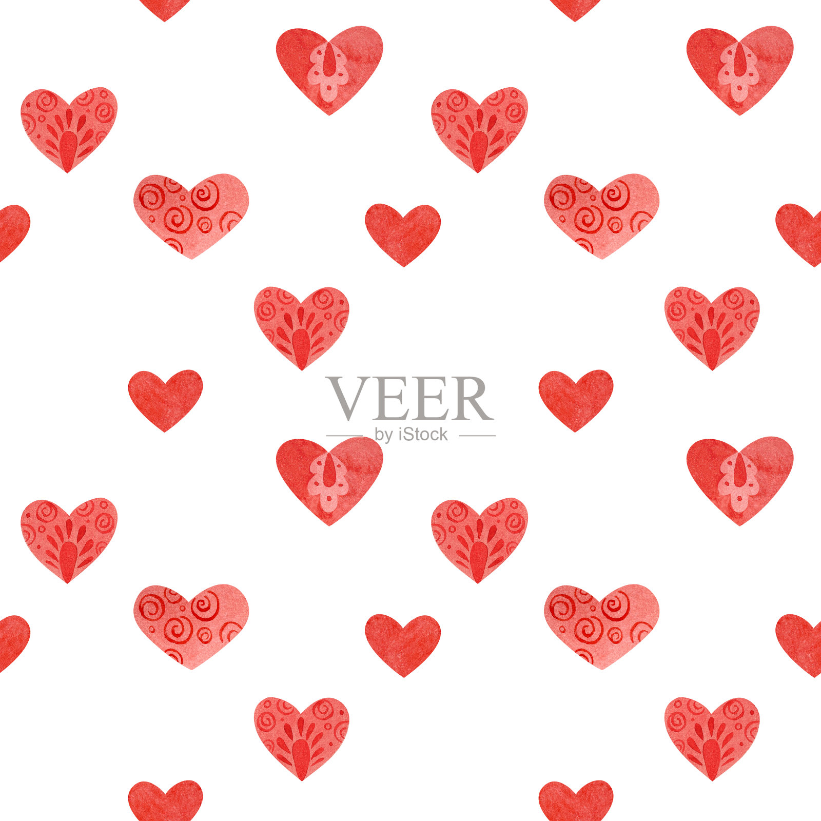红色爱心无缝图案，民间艺术风格插画图片素材
