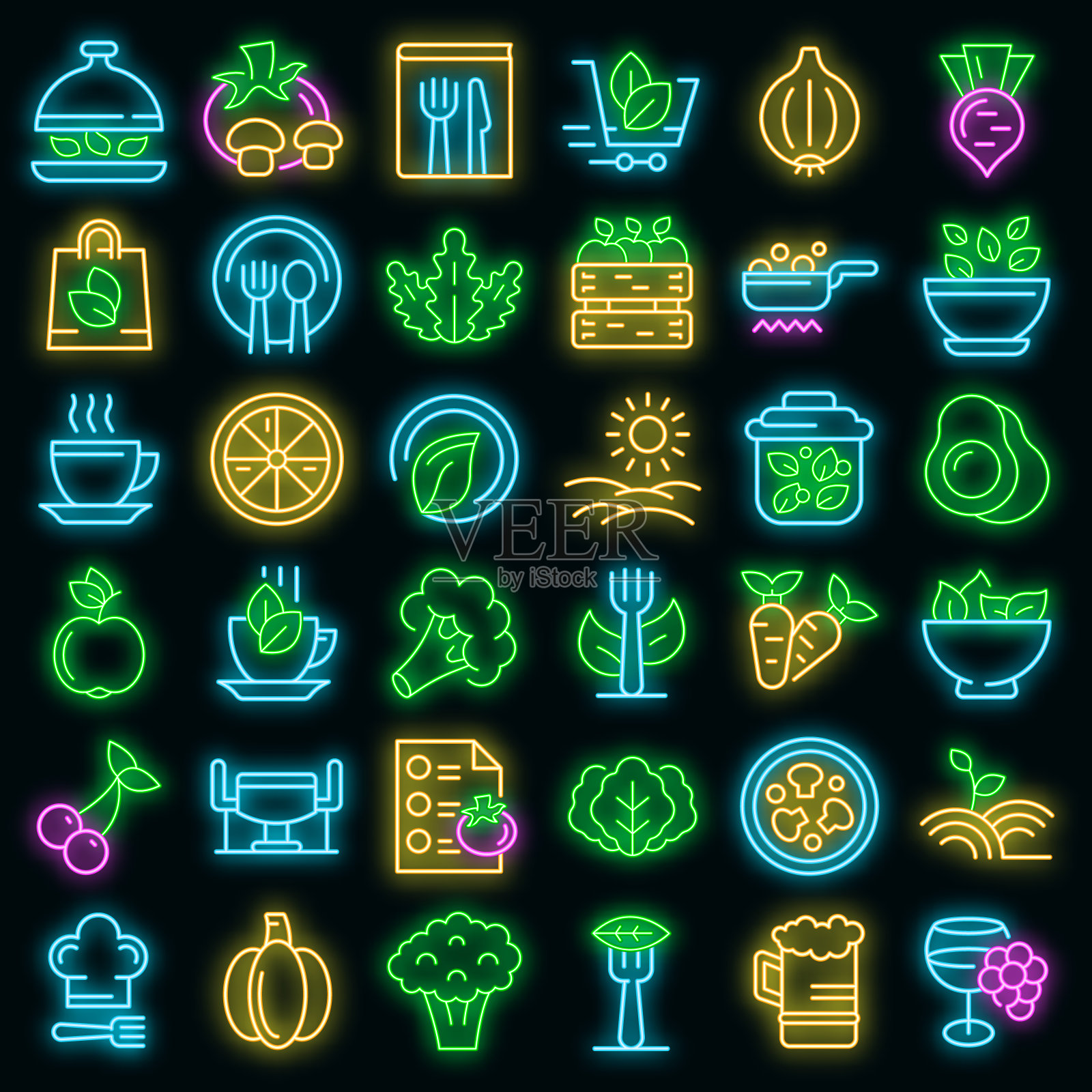 有机餐厅图标设置矢量霓虹灯图标素材