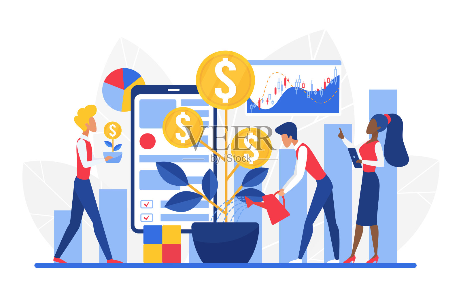 不断增长的投资利润和团队合作的帮助插画图片素材