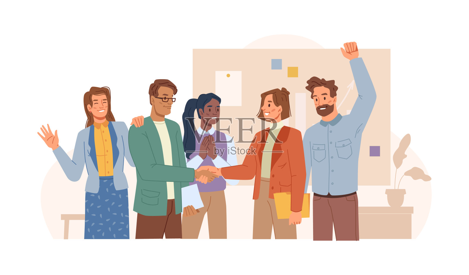 人们在办公室里为同事的升职或生意成功而欢呼和祝贺。矢量男女握手，队伍鼓掌、鼓掌。公司的办公室职员插画图片素材
