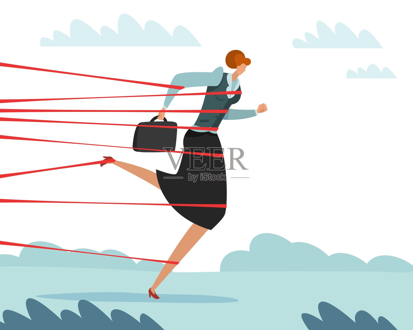 事业或职业困境：被绳索缠绕的女人，职业发展障碍与失败，线程阻塞运动，工人被绳索束缚，矢量女商人失败插画图片素材