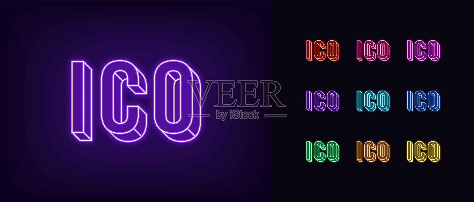 轮廓霓虹ICO图标。为加密市场发光的霓虹灯等距ICO文本图标素材