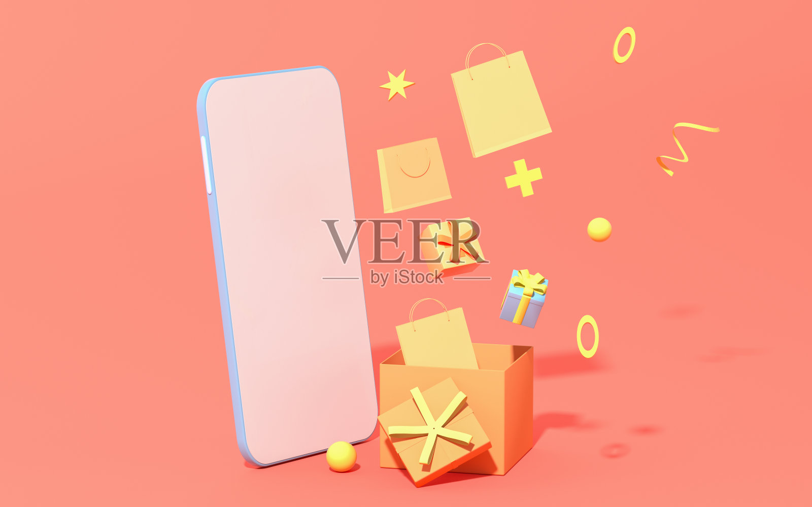 粉色背景的礼物和手机，3d渲染。照片摄影图片