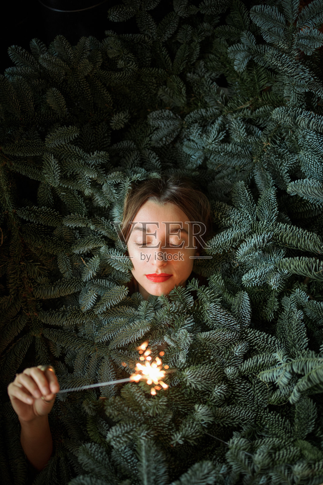 女人拿着用贵族树枝覆盖的烟火照片摄影图片