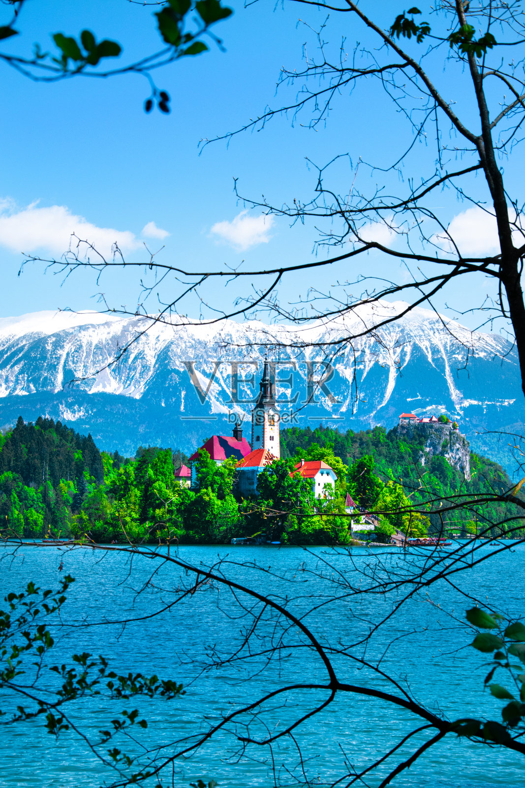 美丽壮观的朱利安阿尔卑斯山和布莱德湖。湖上的岛屿和背景中积雪覆盖的山峰。岛上的神奇教堂。斯洛文尼亚照片摄影图片