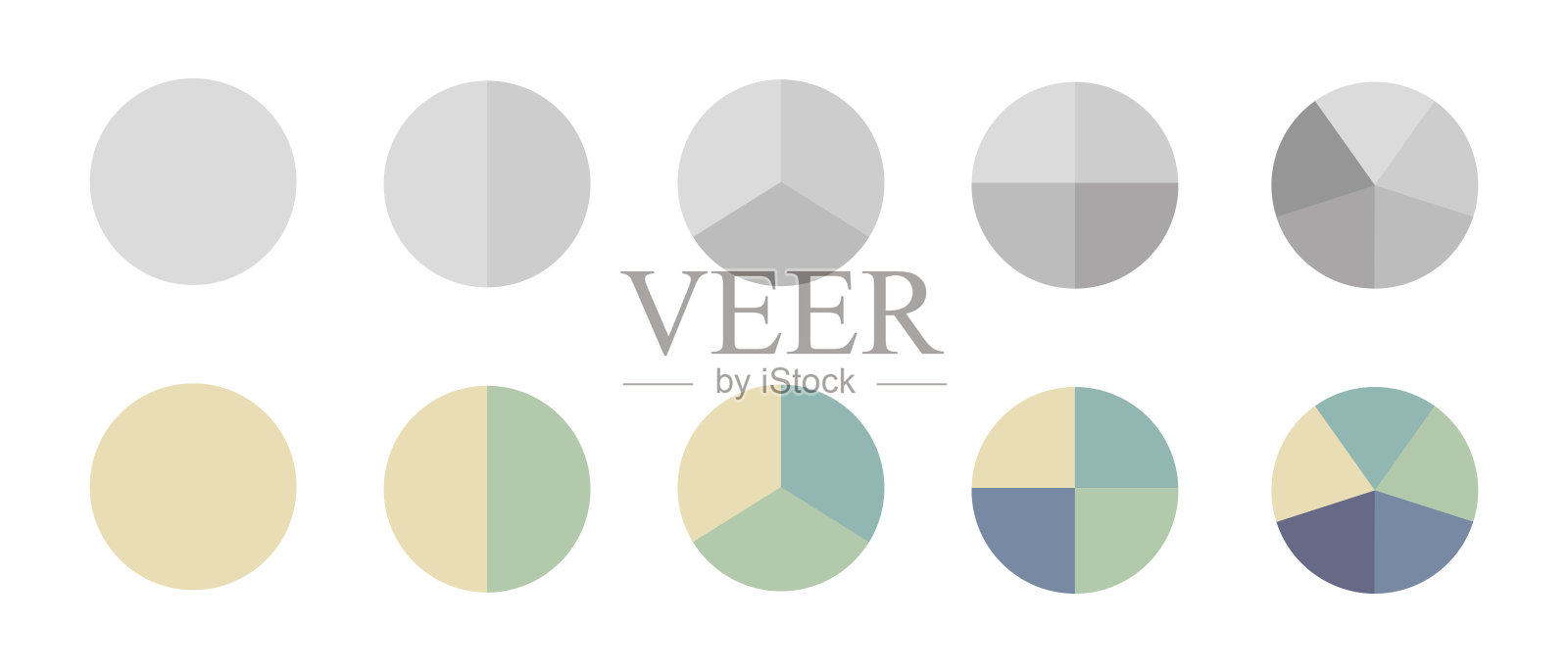 饼图颜色和单色，矢量图标集。2、3、4、5圆切片图。轮圆图零件符号插画图片素材