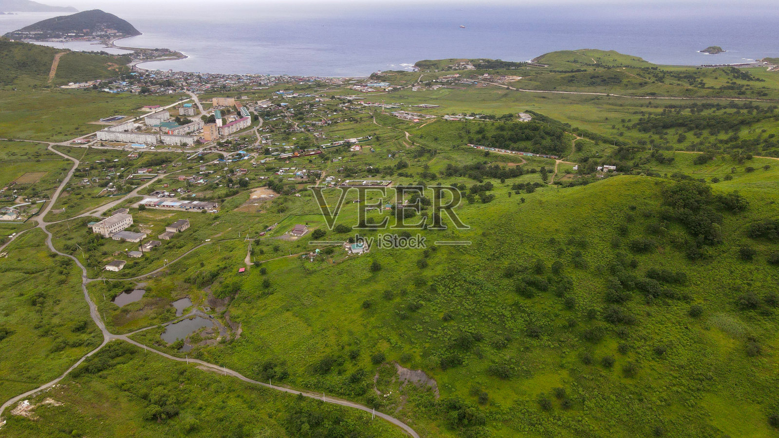 航空，道路，山脉，海洋，村庄，风暴，岛屿，俄罗斯，扎鲁比诺照片摄影图片