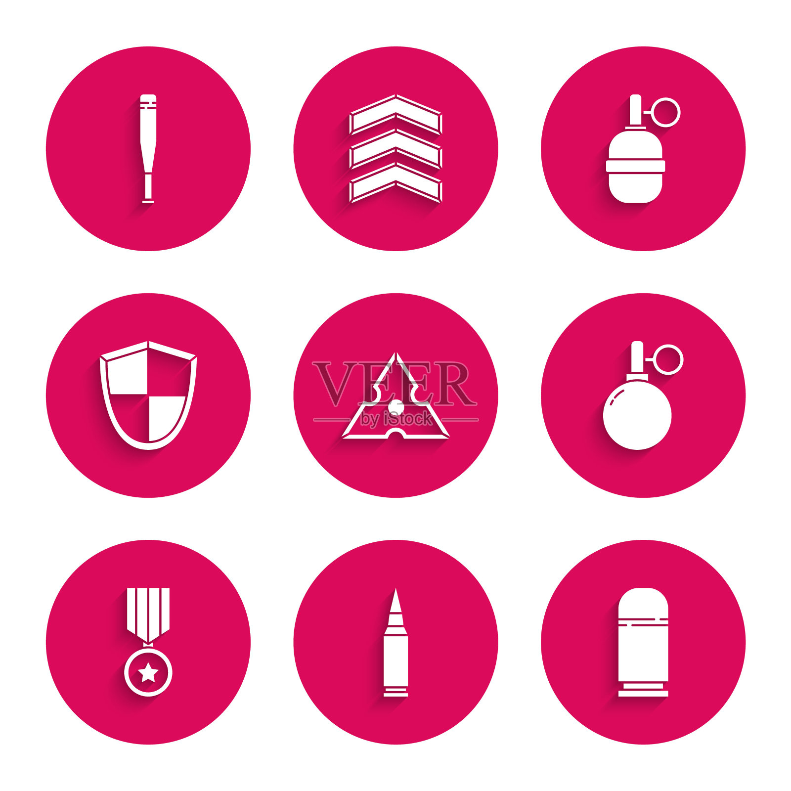 设置日本忍者飞镖，子弹，子弹，手榴弹，军事奖励奖章，盾牌，和棒球棒图标。向量图标素材