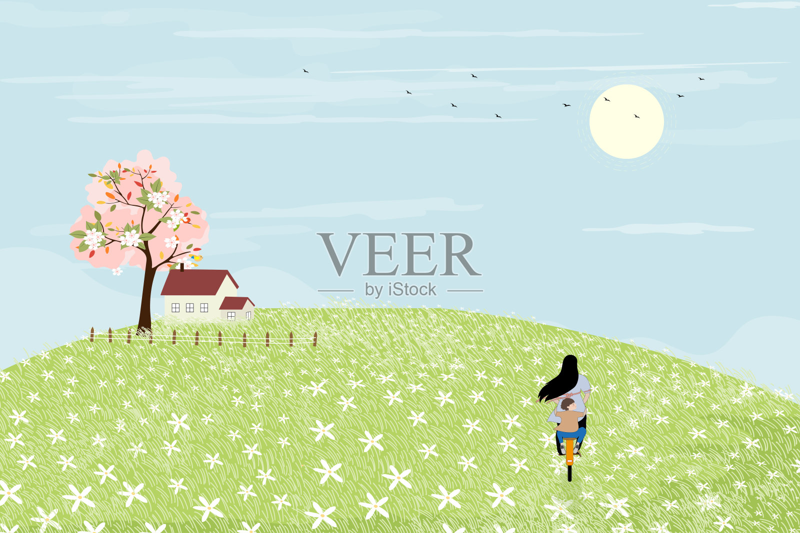 春天的风景，阳光明媚的日子，母子骑着自行车在绿色的田野里;夏天的风景，蓝天白云，一家人在乡村郊游。春季或夏季的卡通矢量插画图片素材