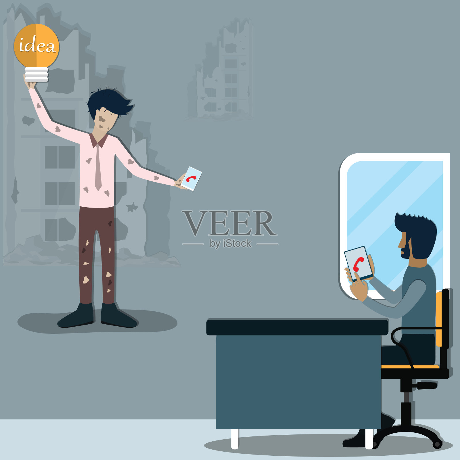 平的生意复苏，年轻的老板有一个想法，恢复他的生意向量插画图片素材