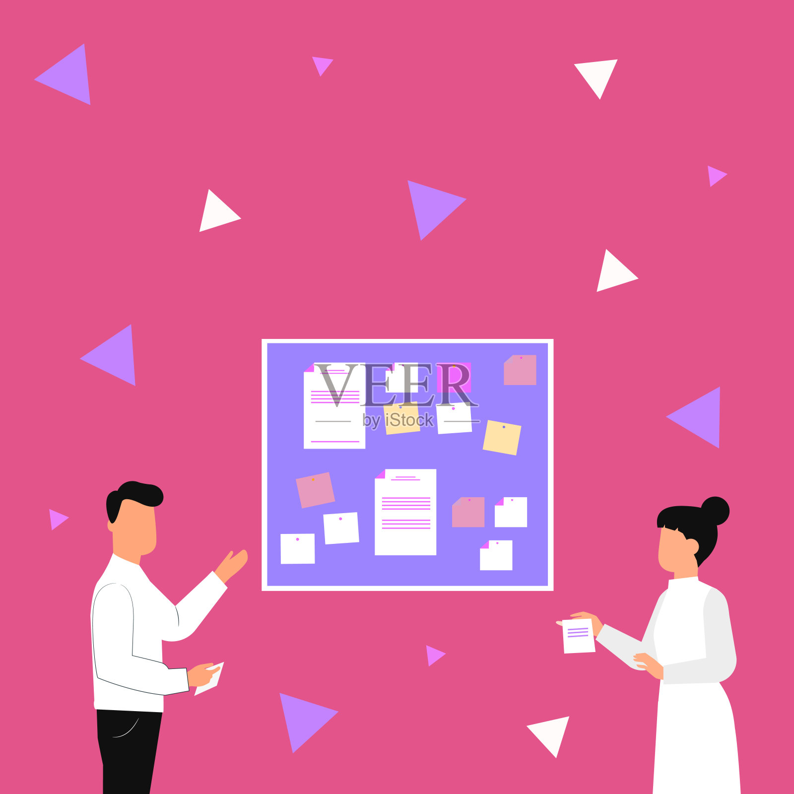 一对夫妇提出了新的惊人的想法，把笔记粘在板上。合作伙伴画画分享老知识处理重要事项。插画图片素材