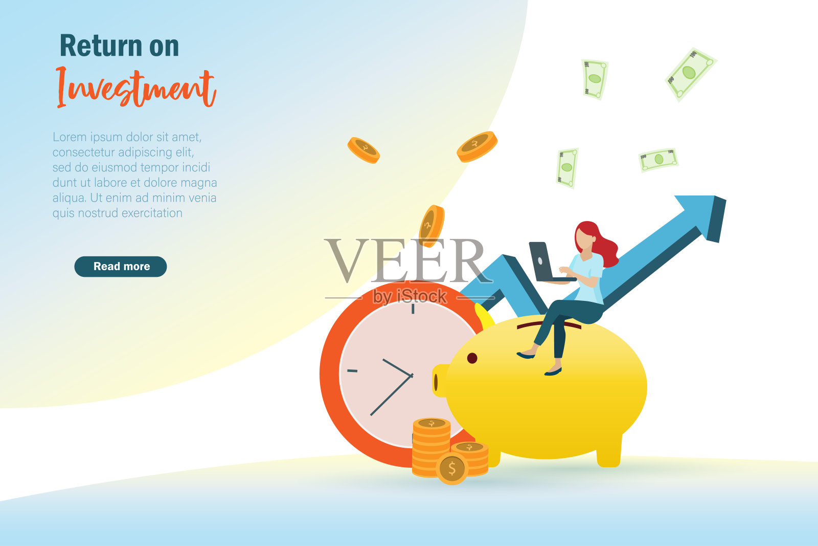 成功的增长在于投资的回报。金融和银行概念。女人在笔记本电脑上工作，用金币和钞票存钱赚钱。插画图片素材