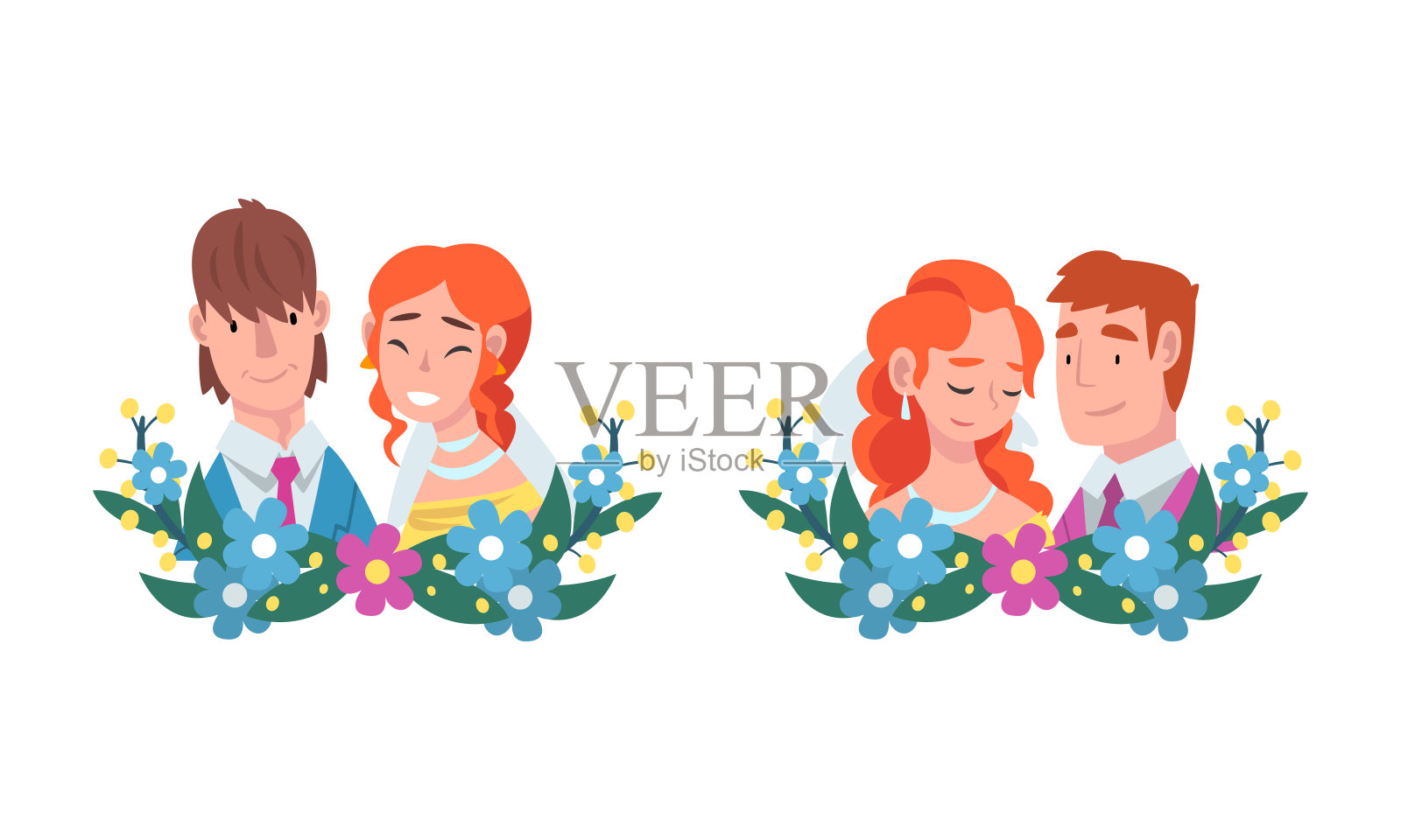 男女新婚夫妇和配偶用半圆花构成向量集设计元素图片