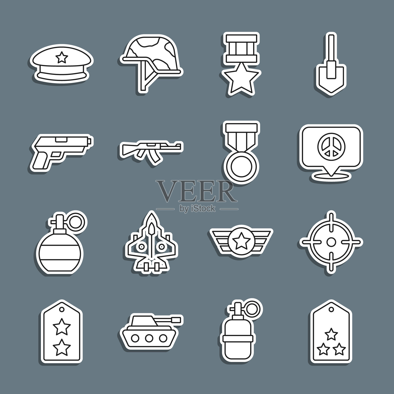 设置线军衔，目标运动，地点和平，奖励奖牌，冲锋枪，手枪，贝雷帽和图标。向量图标素材