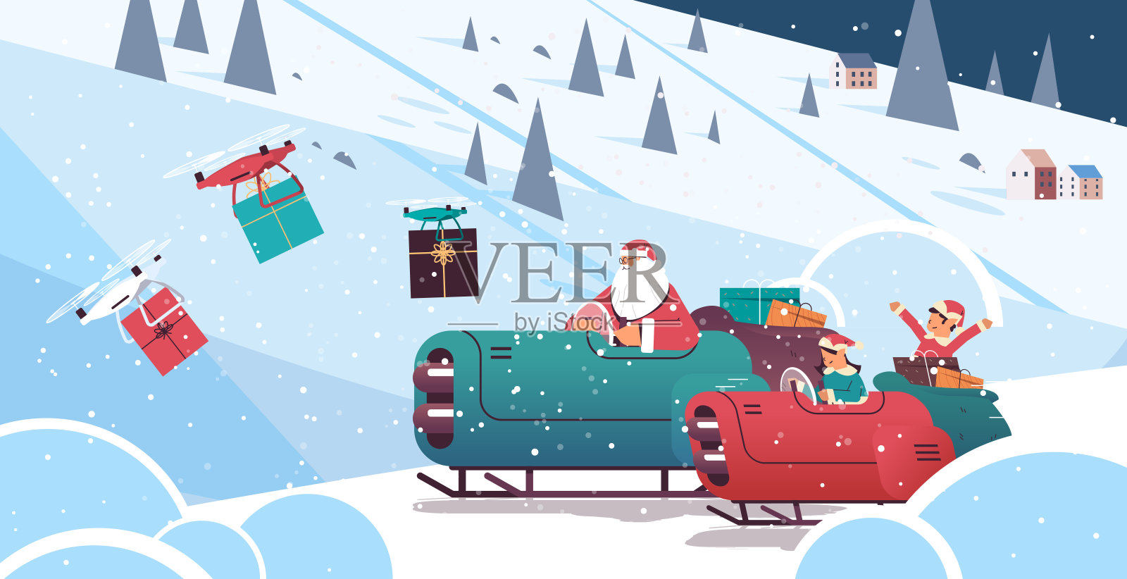 精灵们带着圣诞老人驾着雪橇带着礼物欢度圣诞新年寒假插画图片素材