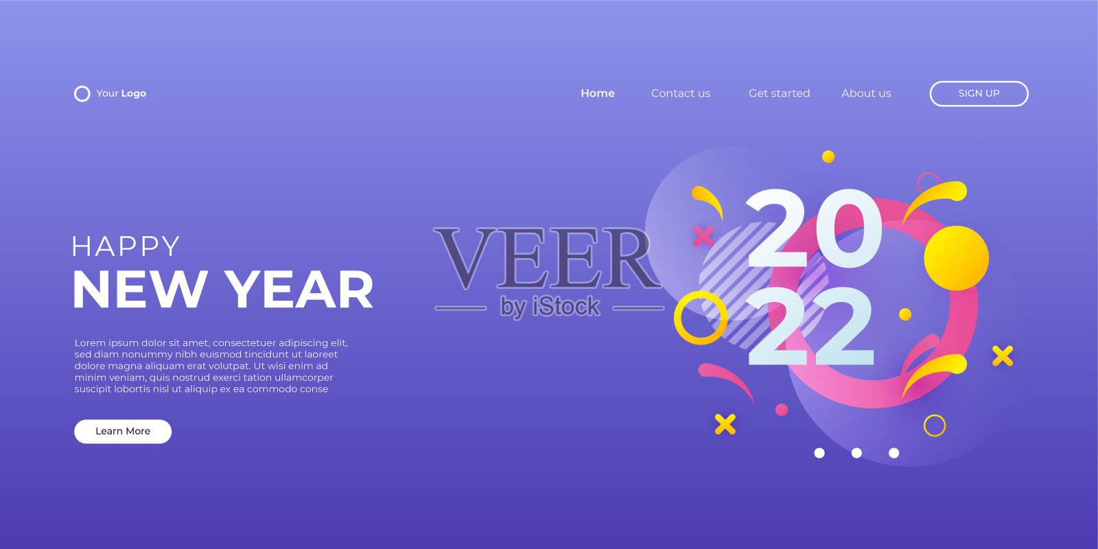 现代快乐新年2022和圣诞登陆页面网页背景模板彩色几何复古风格。插画图片素材