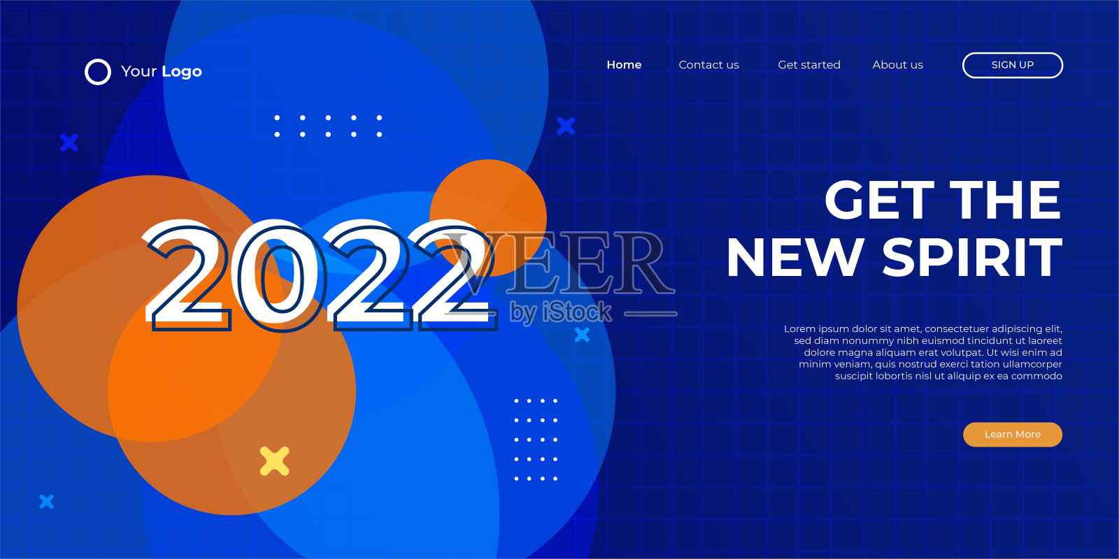 新年快乐2022彩色登陆页面网页模板背景与蓝色黄色圆圈复古风格。矢量抽象图形设计横幅图案背景模板。插画图片素材