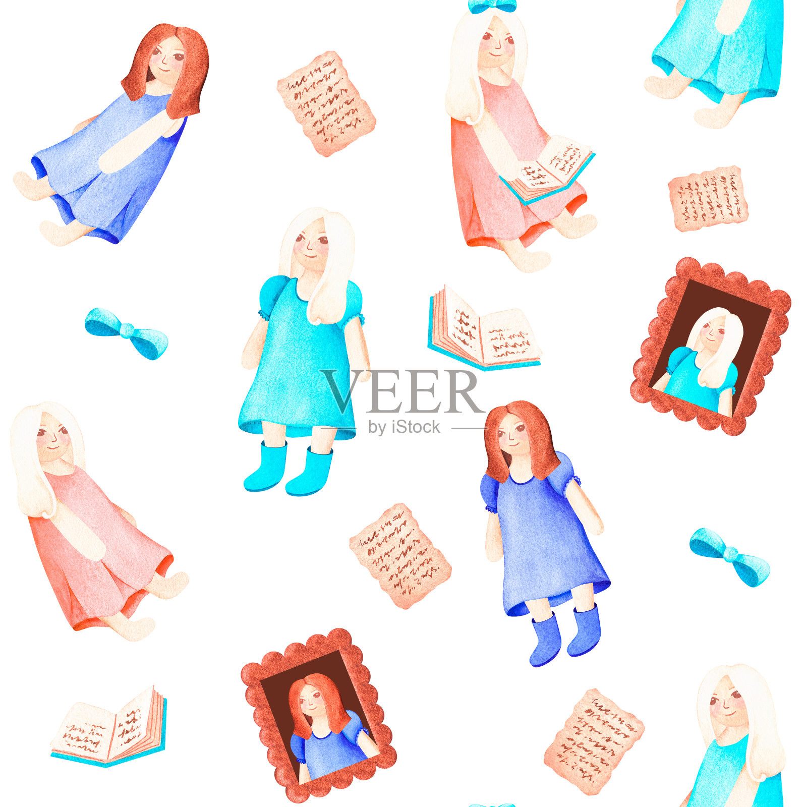 娃娃，书和玩具。水彩的插图。被隔离在白色背景下。为你的设计。插画图片素材