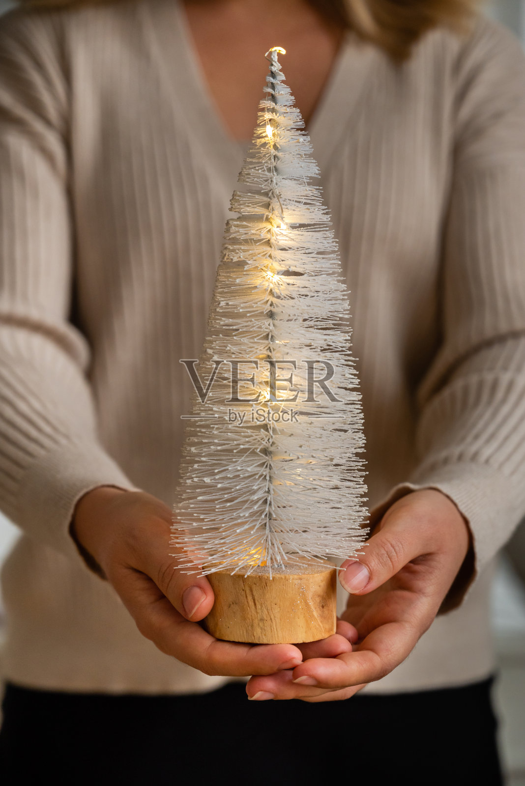 一个女孩手里拿着白色的圣诞树和彩灯。新的一年照片摄影图片