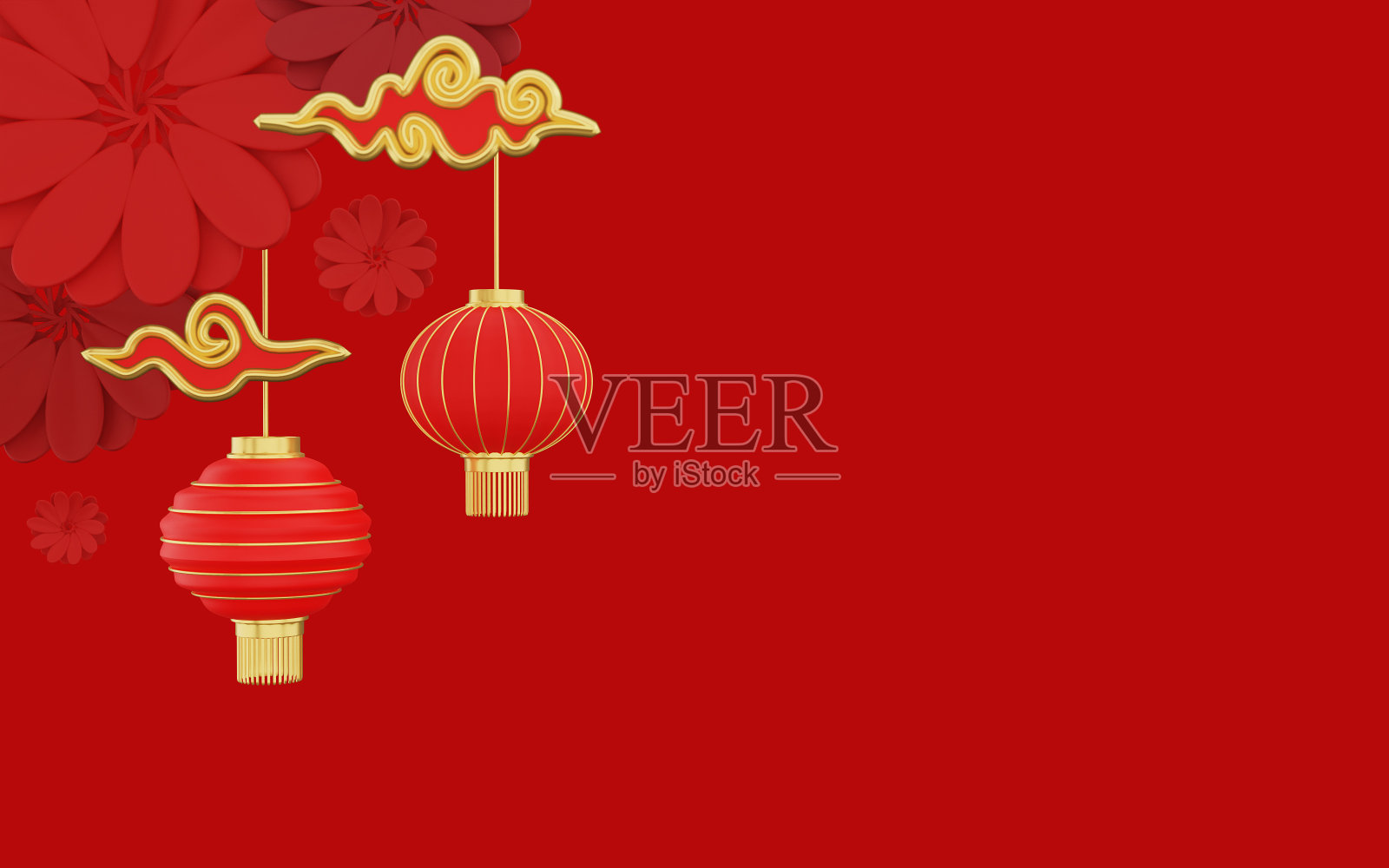 3d渲染的快乐中国新年与灯笼，sycee，硬币和幸运袋在红色的背景照片摄影图片