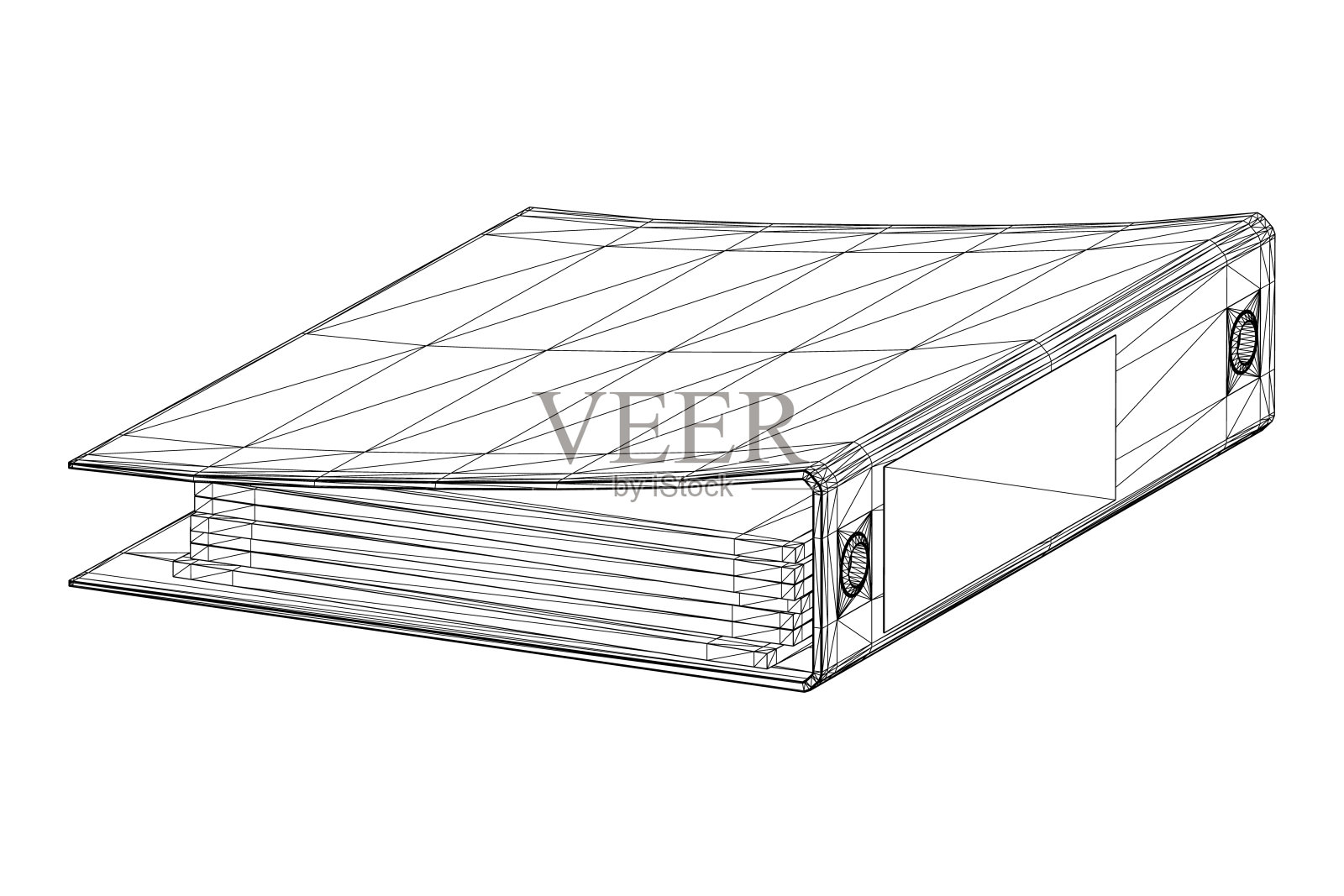 办公室文件夹的线框图，其中的文档由黑色线条隔离在白色背景上。透视图。3 d。矢量图插画图片素材
