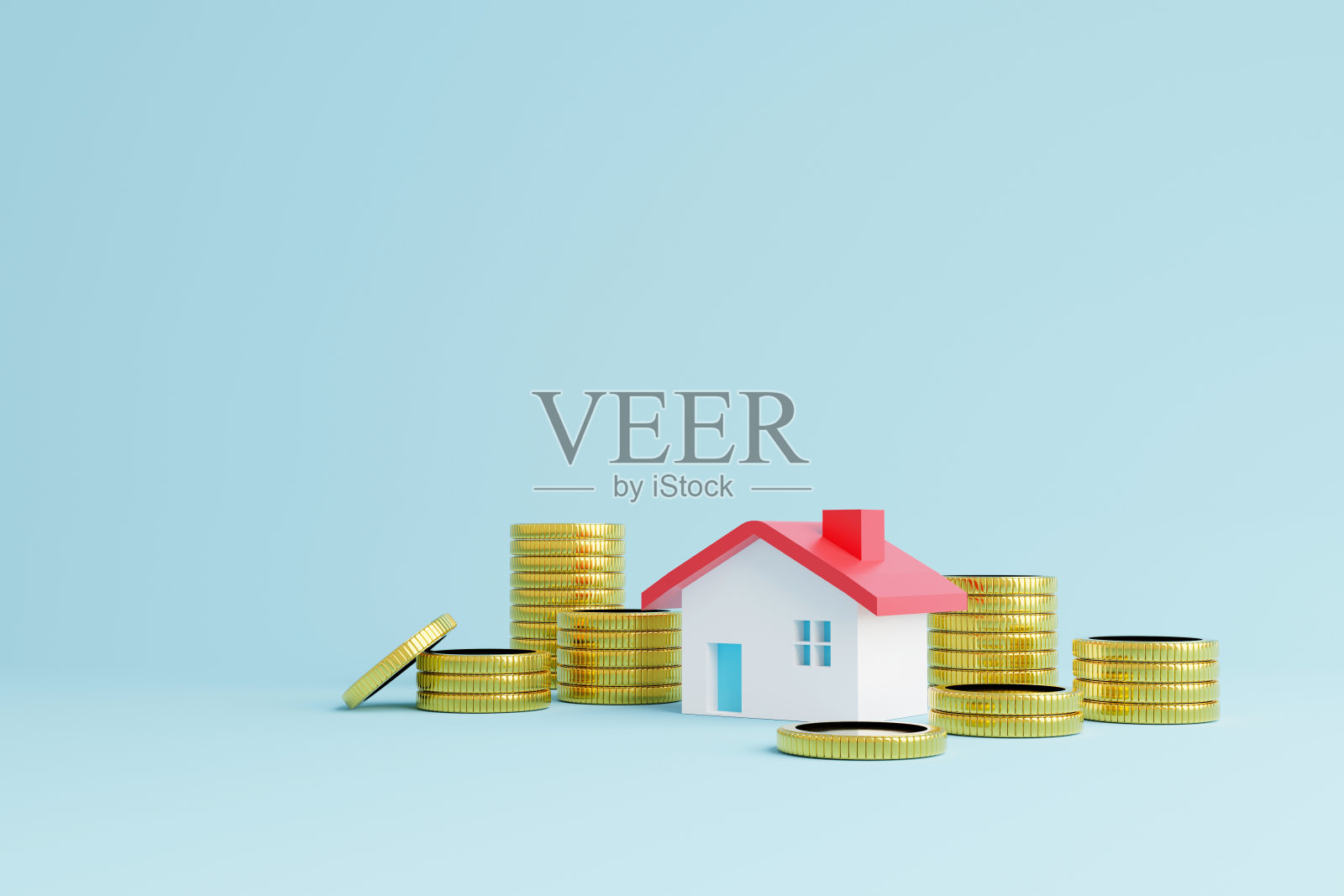 房地产投资与住房抵押金融概念。钱金币堆屋。3 d渲染图照片摄影图片