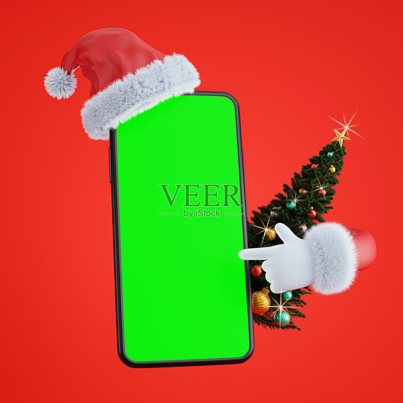 智能手机配有圣诞老人的手做产品展示，绿色屏幕照片摄影图片