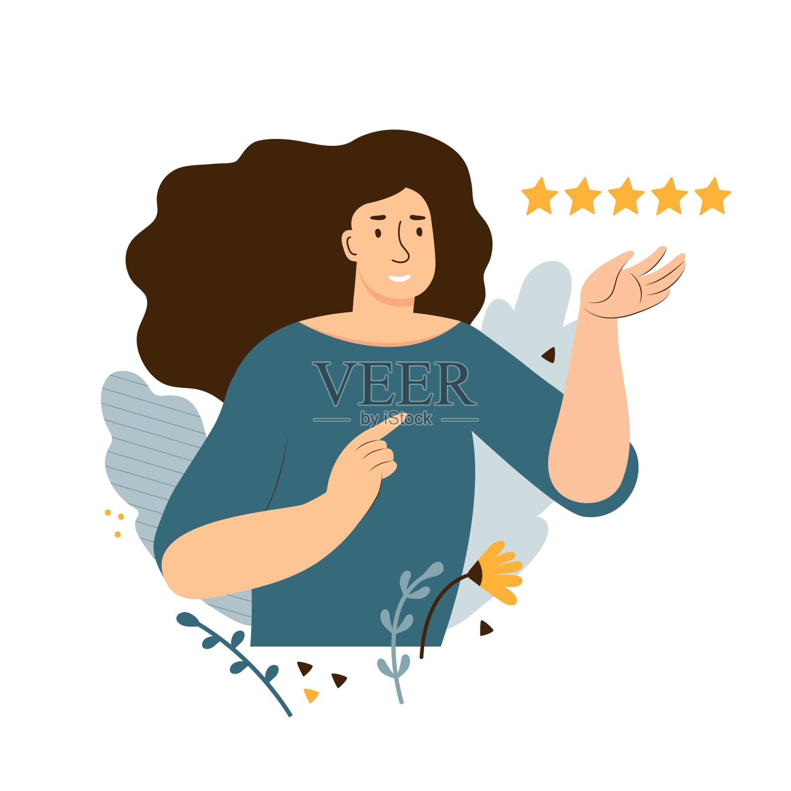 积极的客户反馈，五星评级。用户体验反馈。女性评价产品、服务。商誉、满意度、质量评估。平面向量插图插画图片素材