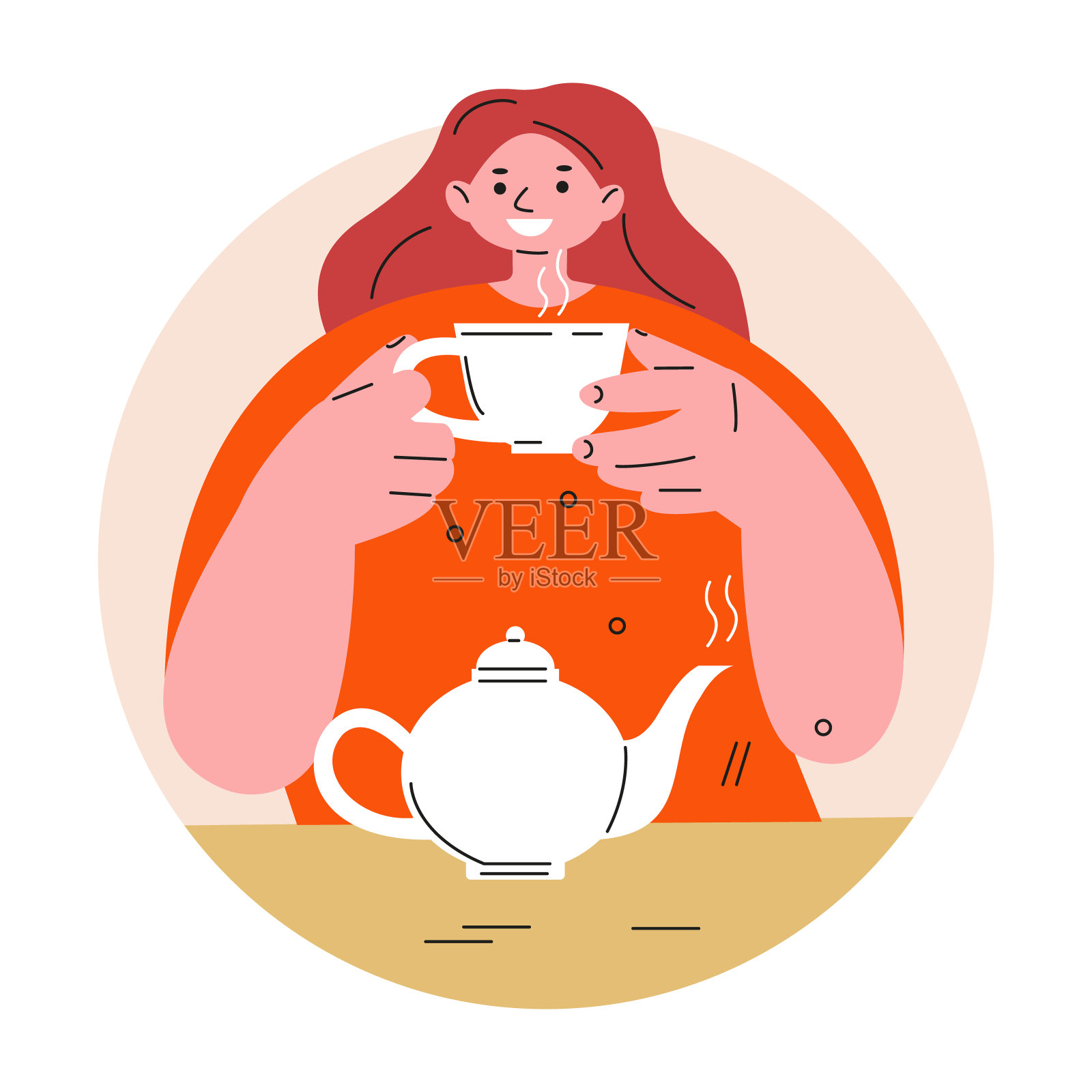 年轻女子正在喝茶。平面风格的矢量插图。插画图片素材