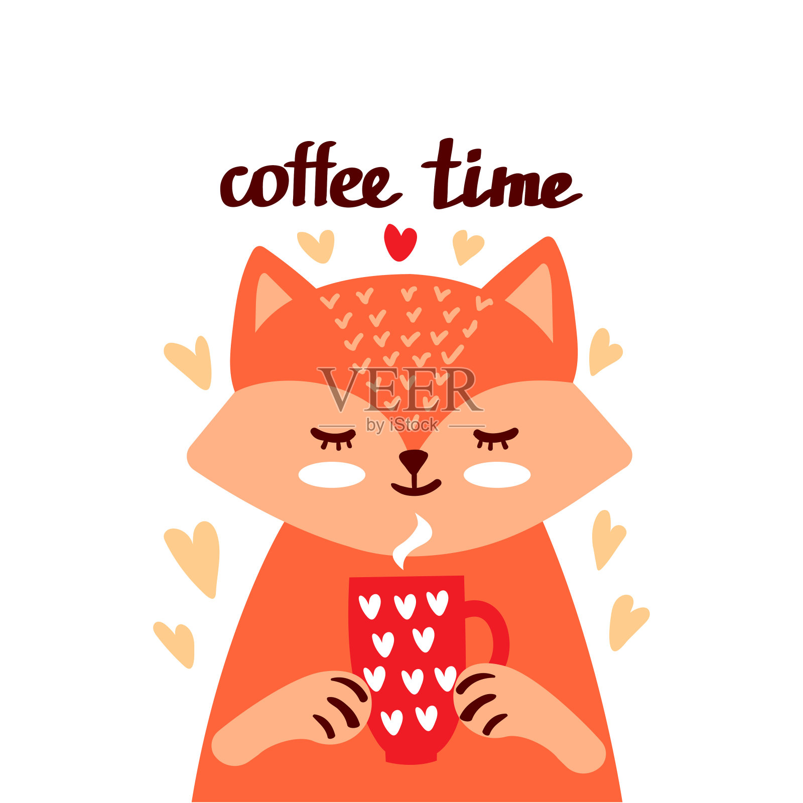 可爱的红狐狸和咖啡插画图片素材