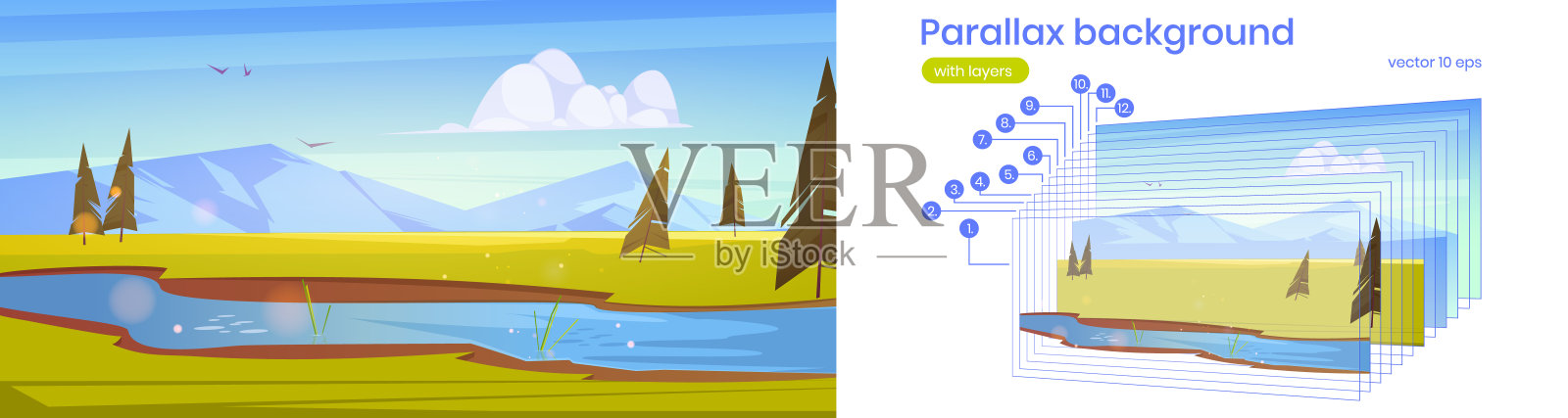 视差背景与河流和山脉插画图片素材