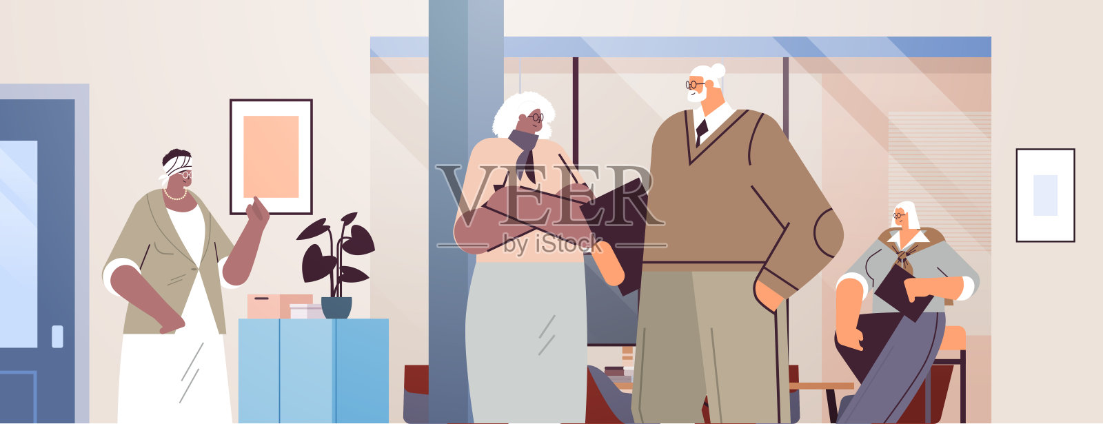 高层商务团队在会议期间讨论商务人士穿正装一起工作设计模板素材