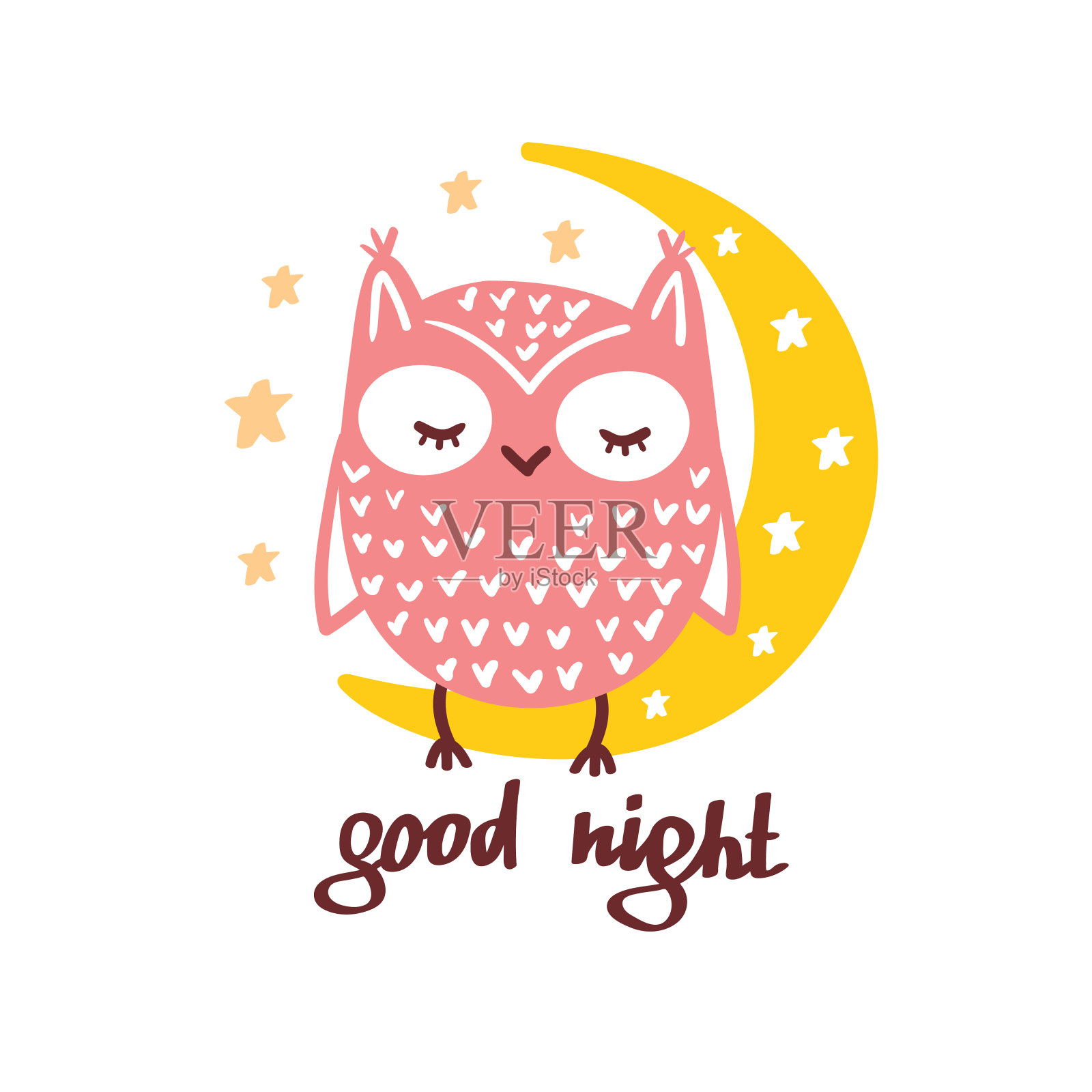 可爱的猫头鹰在天空中睡月亮插画图片素材