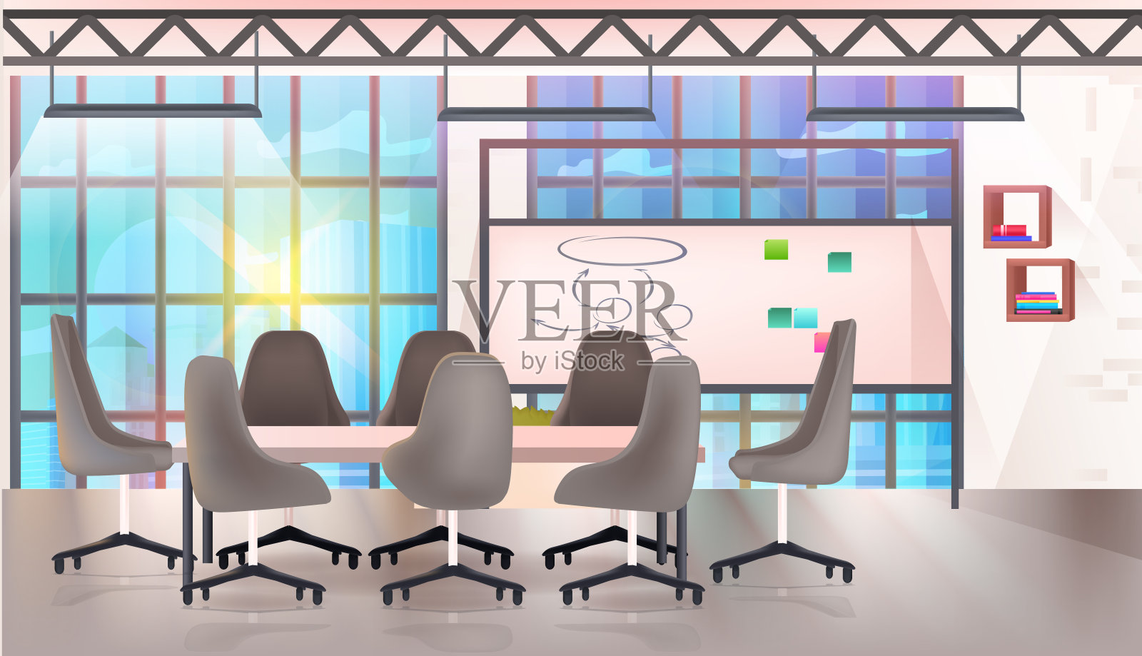 现代共享办公区创意办公室内空无一人的水平开放空间插画图片素材