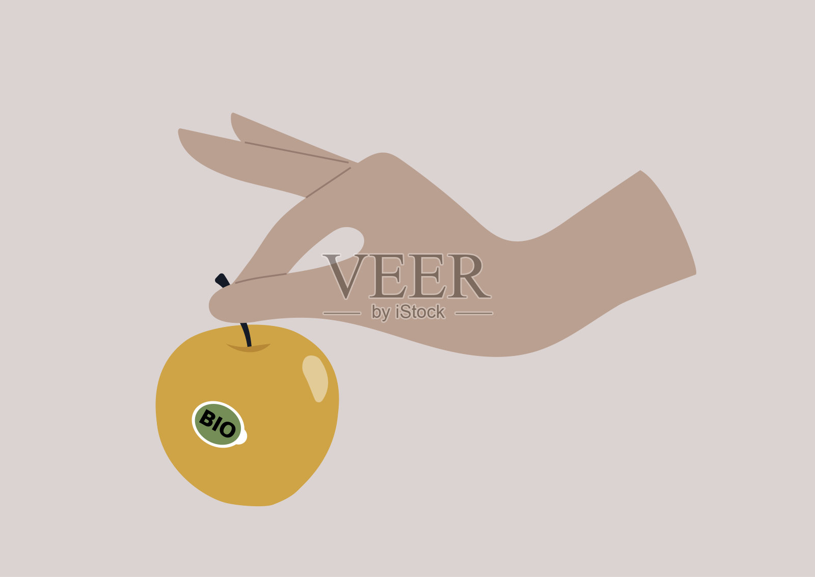 一只手拿着一个贴着标签的苹果，农贸市场插画图片素材