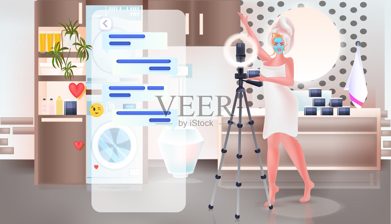 美容博主应用口罩女性展示趋势化妆教程记录在线视频与相机插画图片素材