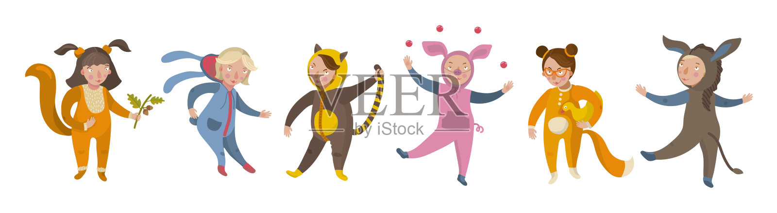 孩子们穿着可爱的动物服装插画图片素材